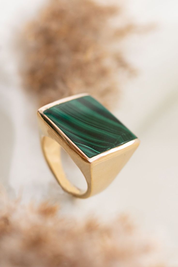 Details: Brass Ring with Genuine Malachite inquire for sizing Modern Green Malachite Jewelry, Modern Green Jewelry With Large Stone, Green Malachite Rings With Polished Finish, Elegant Green Rectangular Signet Ring, Modern Green Ring With Large Stone, Formal Malachite Gemstone Rings, Elegant Green Malachite Rings, Malachite Rings, Square Stone