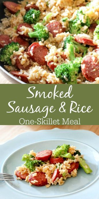 a skillet filled with sausage, rice and broccoli on top of a white plate