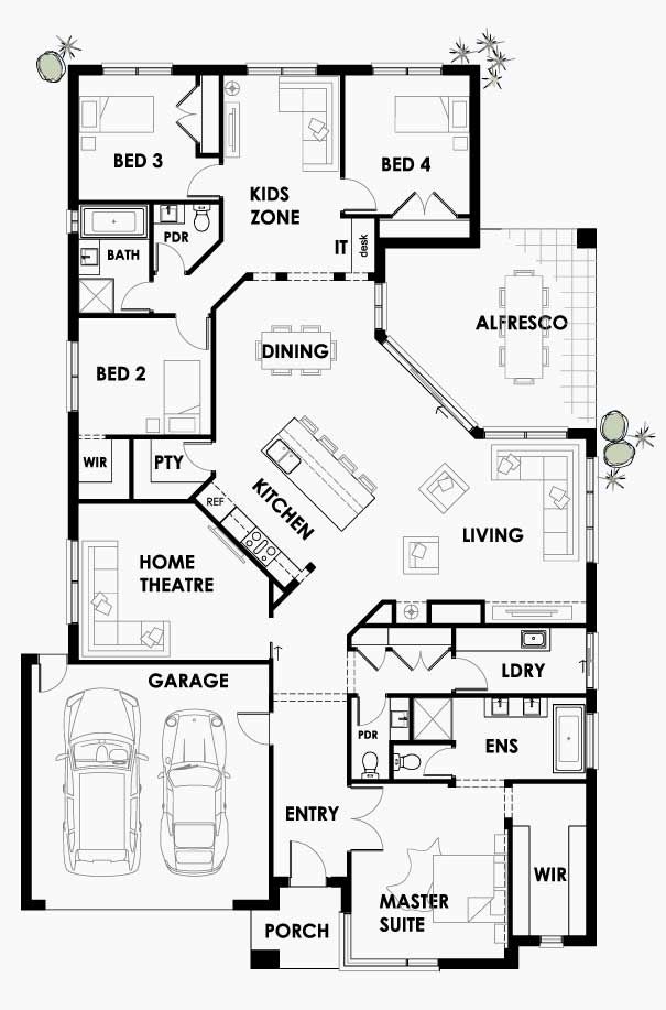 the floor plan for a two story house with three car garages and an attached living area