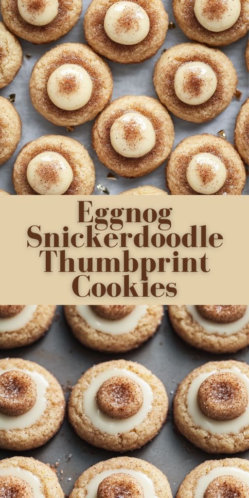 eggnog snickkerdoodle thumbprint cookies on a baking sheet with text overlay