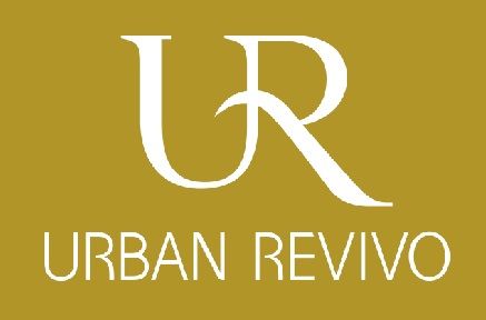 the urban revvo logo is shown in white on a gold background with an orange border