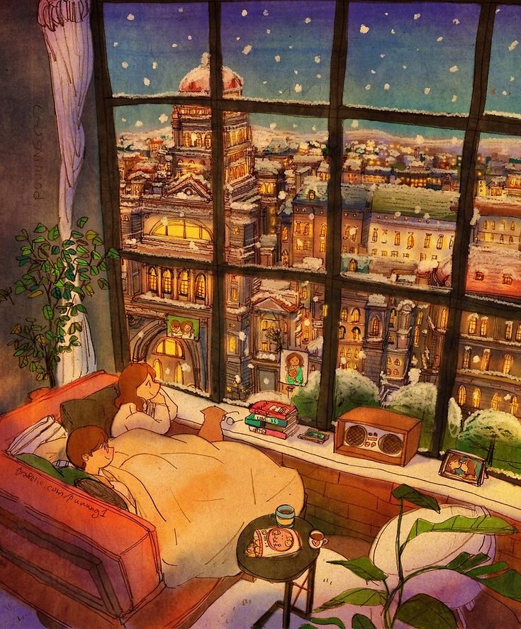 a painting of a bedroom with a view of the city from it's window