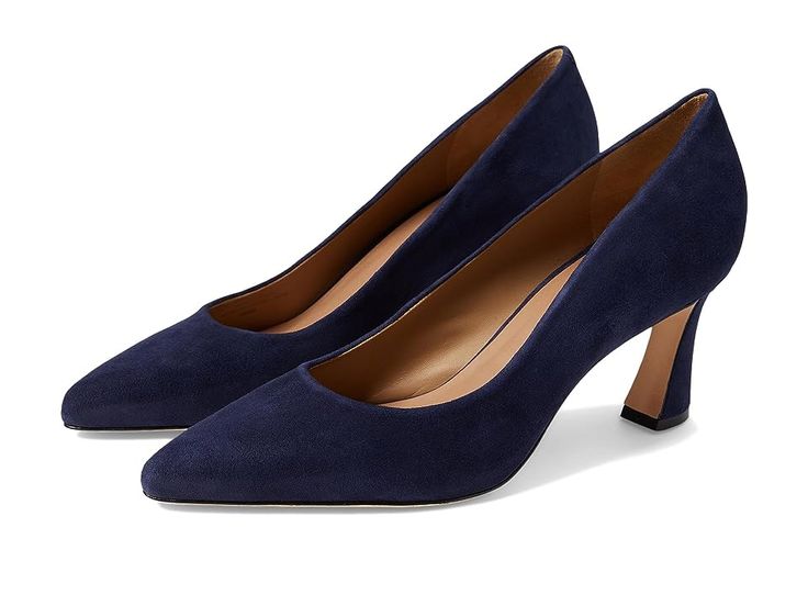 Bernardo Faryn - Women's Shoes : Dark Navy Suede : It's time that you unleash your minimalist but sophisticated fashion game by stepping out in the Bernardo Faryn Heels. Leather upper, lining, and insole. Easy slip-on style. Closed pointed toe. Flared mid-height heel design. Leather outsole. Made in Brazil. Measurements: Heel Height: 2 3 4 in Weight: 9 oz Product measurements were taken using size 9, width M. Please note that measurements may vary by size. Chic Slip-on Court Shoes For Work, Business Slip-on Heels With Pointed Toe, Chic Court Shoes With 4-inch Heel For Business Casual, Chic Business Casual Court Shoes With 4-inch Heel, Slip-on Pointed Toe Office Heels, Slip-on Pointed Toe Court Shoes For Office, Slip-on Pointed Toe Heels For Office, Pointed Toe Office Heels, Slip-on High Heels For Work