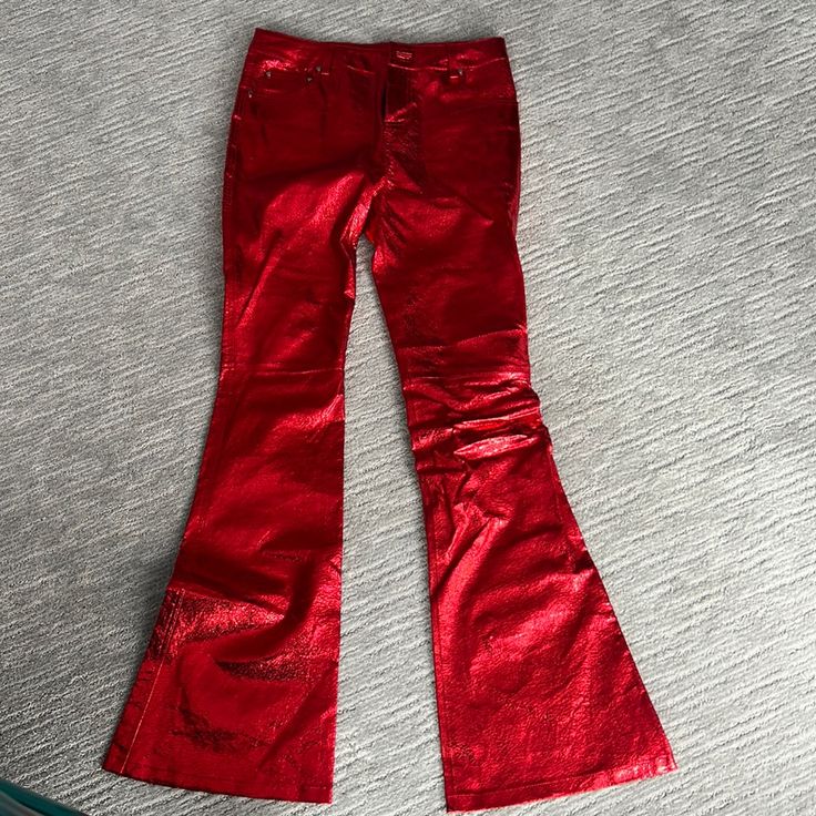 Never Worn So Cool On Sold Out Online Festive Fitted Red Pants, Fitted Red Bottoms For Festive Occasions, Festive Fitted Red Bottoms, Fitted Red Bottoms For Holiday, Red Flare Bottoms For Party, Red Flare Pants For Party, Red Flare Party Bottoms, Red Full Length Pants For Party, So Cool