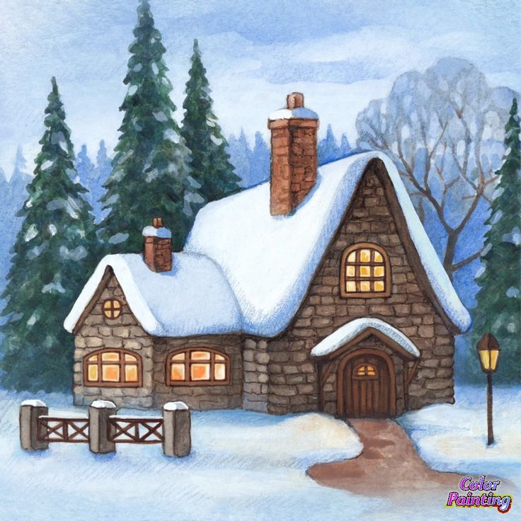 a painting of a house in the snow