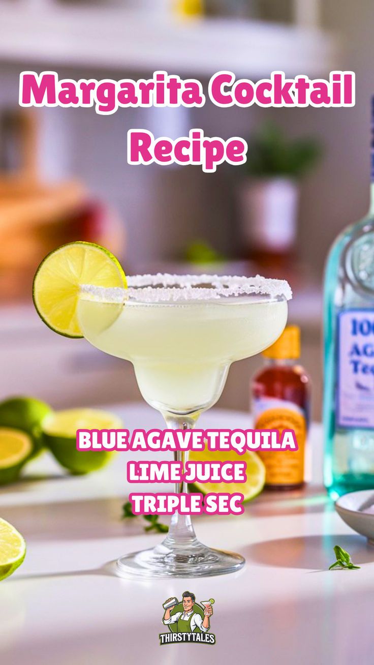 margarita cocktail recipe with blue agave tequila lime juice triple secs on the table