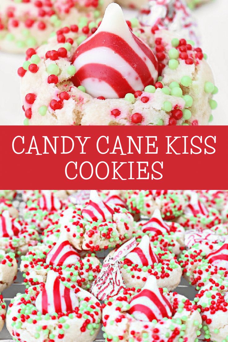 candy cane kiss cookies with red and green sprinkles on top, in front of