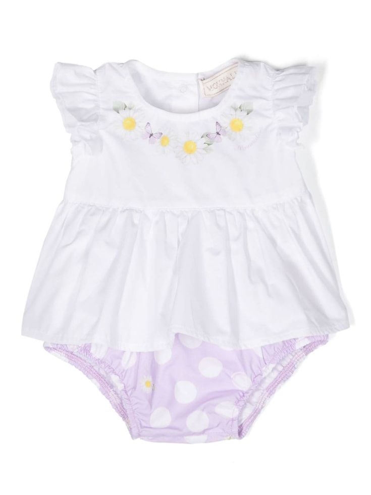 white/light purple cotton set of two Blouse: poplin texture floral print to the front butterfly print logo print to the front gathered detailing round neck rear press-stud fastening ruffled cap sleeves flared hem Bloomers: polka dot print all-over floral print slip-on style elasticated waistband elasticated trim Cotton Set, Short Set, Polka Dot Print, Butterfly Print, Dot Print, Print Logo, Light Purple, Logo Print, Short Outfits