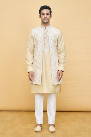 Yellow longline Nehru jacket with contrasting floral pattern aari tilla embroidery. Comes with embroidered placket kurta and pant. - Aza Fashions Bandhgala With Chikankari Embroidery For Eid, Spring Reception Long Sleeve Kurta, Eid Bandhgala With Chikankari Embroidery And Stand Collar, Spring Bandhgala With Chikankari Embroidery, Spring Reception Bandhgala With Zari Work, Straight Kurta Nehru Jacket With Zari Work For Spring, Spring Nehru Jacket With Zari Work, Straight Kurta Style, Embroidered Nehru Jacket For Reception, Straight Shape, Embroidered Nehru Jacket For Reception