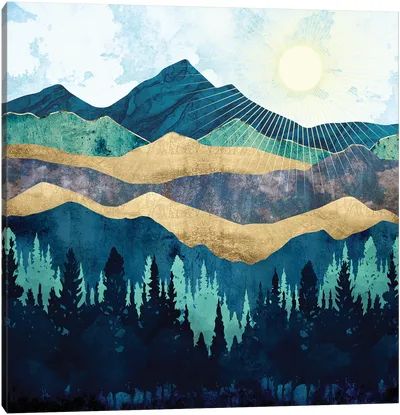 a painting of mountains and trees with blue sky in the backgrounds