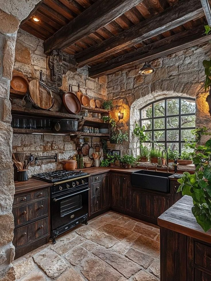 a kitchen with an oven, sink and potted plants on the counter top in front of a stone wall