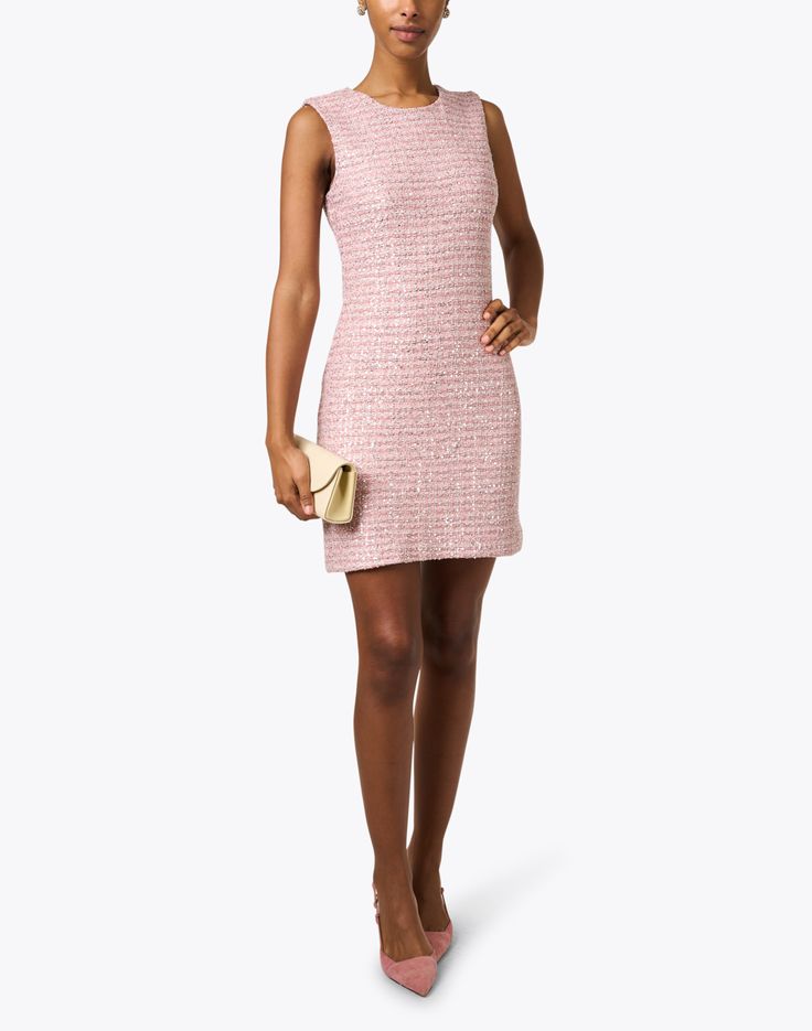 St. John is known for their commitment to classic American luxury, and this dress does not disappoint. Crafted from pink plaid tweed that's adorned with shimmering sequins, the sheath silhouette is cut for a flattering fit. Wear it with heels and a coordinating clutch for a chic look. Skirt And Top Dress, Sequin Sheath Dress, Pink Sleeveless Dress, Jacquard Dress, Tweed Dress, Crepe Dress, Pink Plaid, Classic American, Pleated Dress