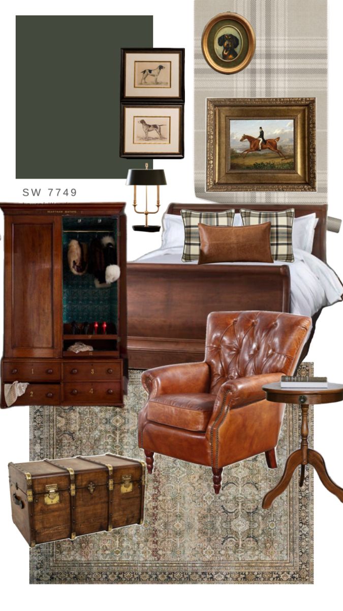 a bedroom with brown furniture and pictures on the wall, including a bed, chair, ottoman