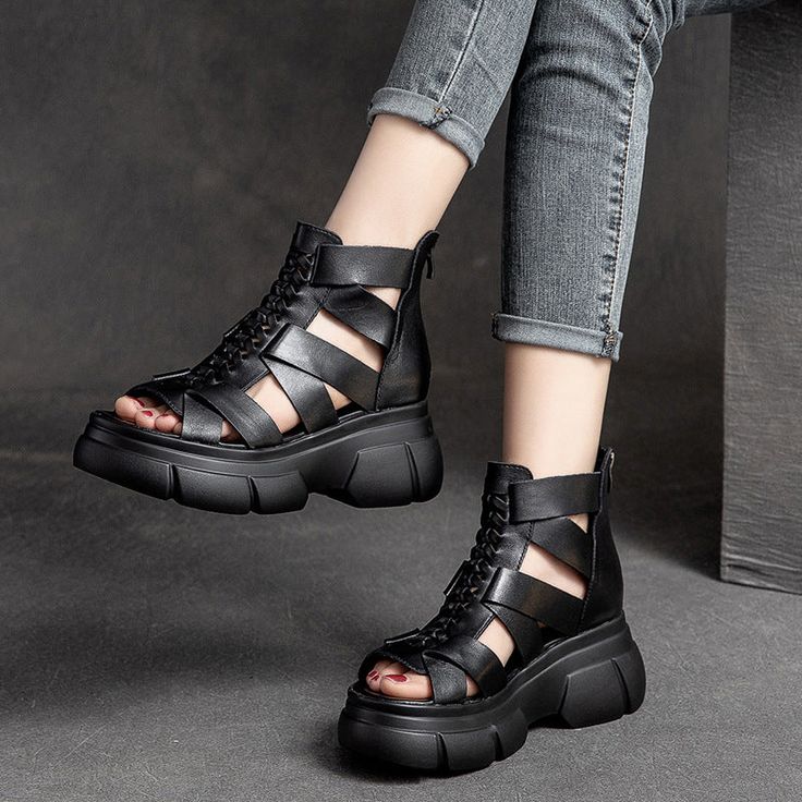 Details: Upper: Cow Leather Inner: Pig Skin Outsole: Rubber Heel: 7cm Width: 11cm Sandal Boots, Women Casual Shoes, Woven Sandals, Brown Shoe, Rubber Heels, Linen Women, Leather Items, Casual Shoes Women, Sandals Summer