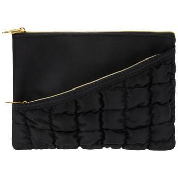 Dimensions: 6" H x 8" W x 0.75" D Material: Fabric, Plastic & Metal Color: Black & Gold UPC: 810138660324 Quantity: 1 Care: Do Not Wash Make sure everything has its place by using this Black Double Zipper Pouch. The pouch features a large pocket in the back and a smaller, angled pocket in the front. This pocket has a quilted appearance and is the perfect size to hold pencils, brushes, and sewing notions. Use it to craft on the go or hold items for quick sewing repairs! Modern Black Clutch With Zipper Closure, Black Pouch With Zipper Closure, Black Zipper Closure Pouch, Black Zipper Pouch Clutch For Travel, Black Clutch With Zipper Pouch For Travel, Modern Black Cosmetic Bag With Zipper Closure, Modern Black Cosmetic Bag With Zipper, Black Zipper Pouch Cosmetic Bag, Black Pouch Cosmetic Bag With Zipper Pocket