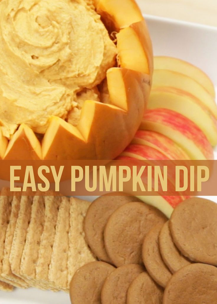 an easy pumpkin dip recipe with apples and crackers on the side, along with cookies