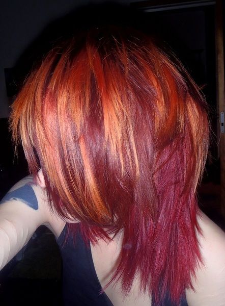 Red/orange hair. Color not cut Red And Orange Streaks Hair, Orange Hair With Red Highlights, Orange Roots Red Hair, Purple And Orange Hair Short, Fire Dyed Hair, Orange To Red Hair, Orange And Red Hair Color, Skunk Hair Ginger, Dark Red And Orange Hair