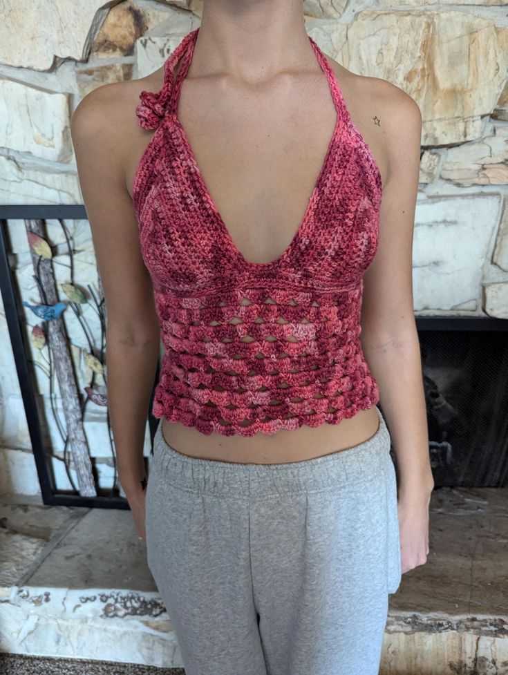 Crocheted Top. Custom color and size. Send a message if color, bust and waist measurements. Thank you! Casual Fitted Halter Crop Top, Chic Fitted Triangle Top, Red Fitted Cropped Halter Top, Spring Fitted Triangle Top, Fitted V-neck Pink Crochet Top, Fitted Triangle Top For Spring, Chic Pink Triangle Top, Fitted Beach Tops, Fitted Cotton Crochet Top V-neck