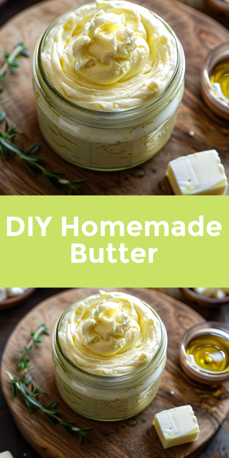 homemade butter in a jar on a cutting board