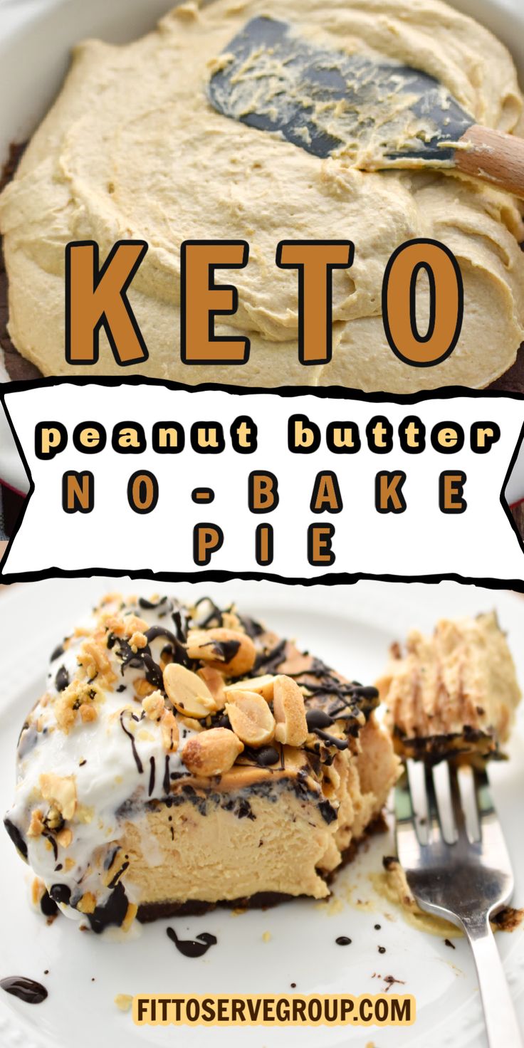 two images one showing a keto peanut butter pie being made and the second shows a slice of the pie with a forkful serving. Keto Peanut Butter Pie, Peanut Butter Chocolate Pie, Keto Pies, Keto Peanut Butter Chocolate, Keto Pie, High Protein Peanut Butter, Sugar Free Peanut Butter, Keto Peanut Butter, Sugar Free Recipes Desserts