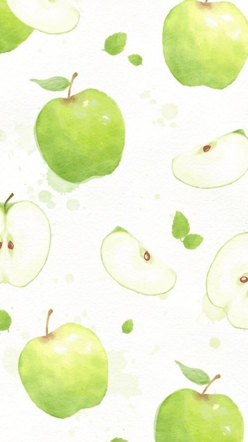 watercolor painting of green apples with slices and leaves