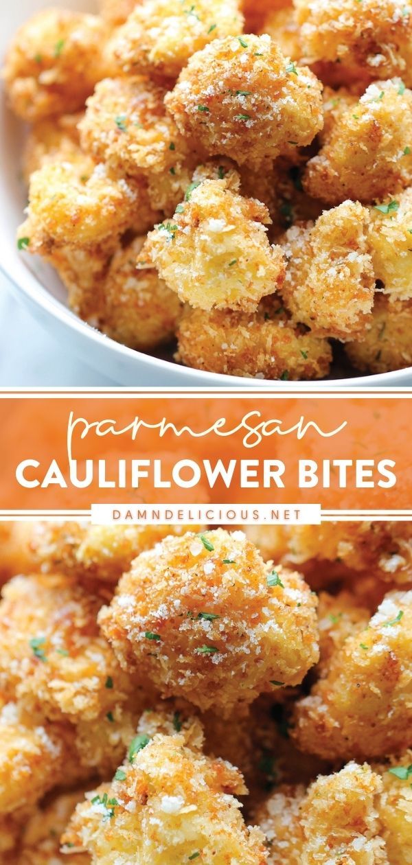 PARMESAN CAULIFLOWER BITES Fried Cauliflower Bites, Crunchy Cauliflower, Deep Fried Cauliflower, Resep Vegan, Deep Fried Recipes, Parmesan Cauliflower, Vegetable Appetizers, Vegetable Snacks, Veggie Snacks