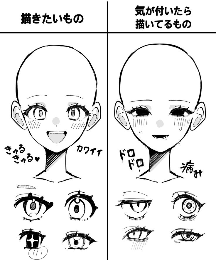 an anime character's face is shown in three different ways, including the eyes and eyebrows