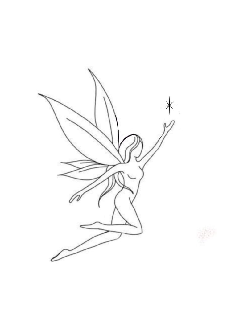 a drawing of a fairy with her arms up and legs spread out in the air