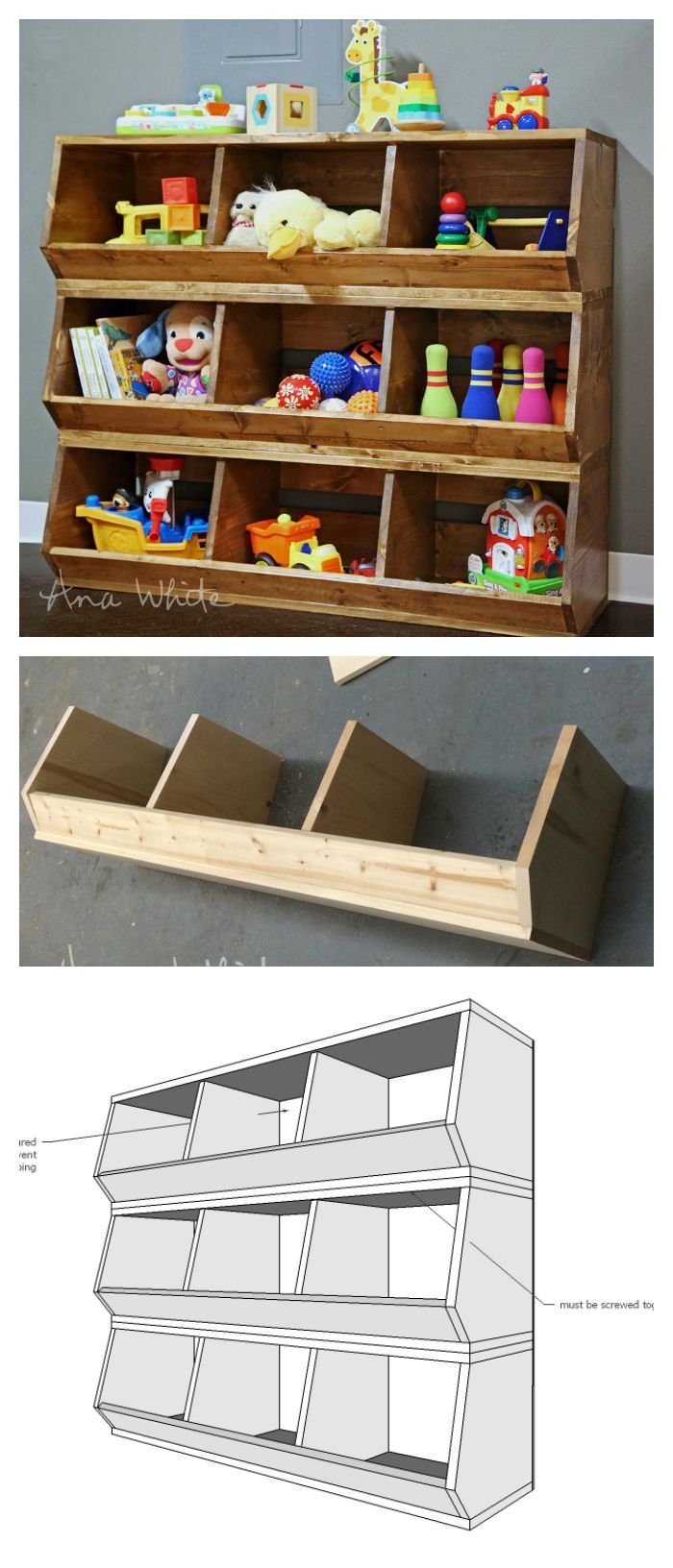 the plans for an easy diy toy storage unit are shown in two different views