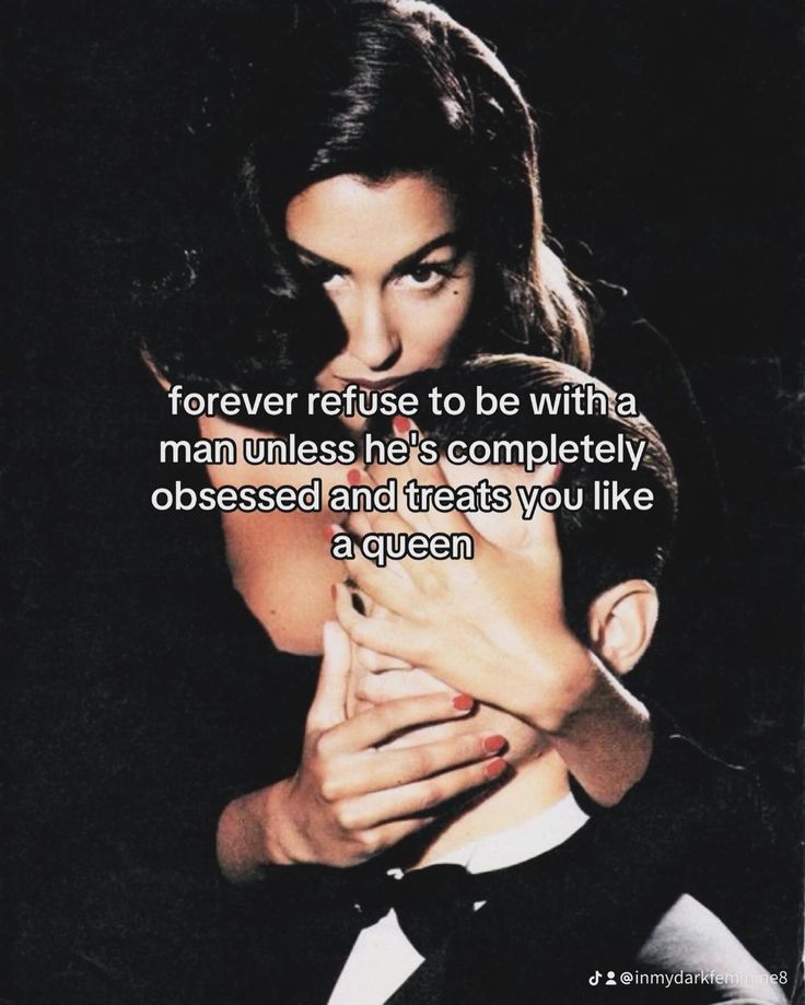 a woman in a tuxedo holding her hands together with the caption, forever refuse to be within man unless he's completely obsesed and treats you like a queen