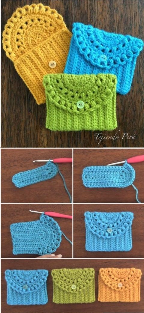 crocheted purses are shown with the instructions to make them look like they have been