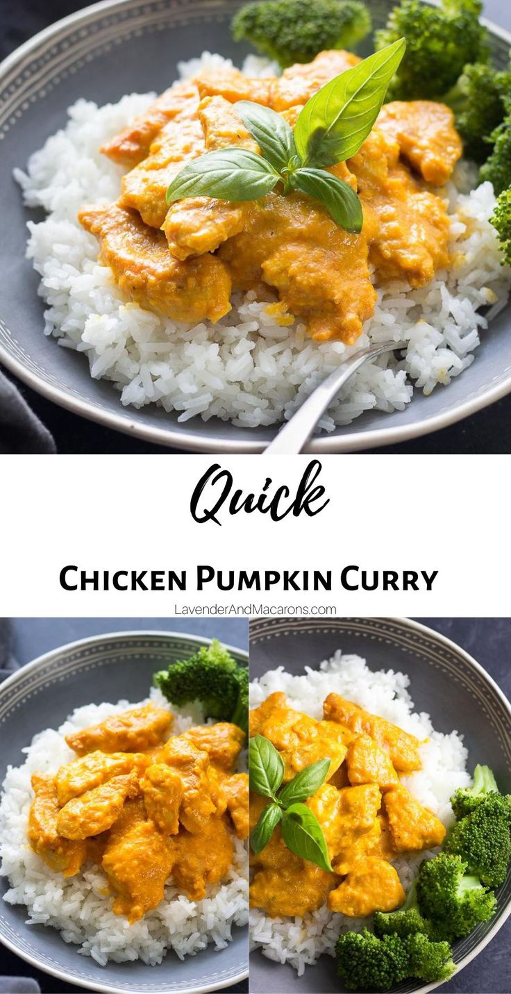 chicken and pumpkin curry on top of white rice with broccoli