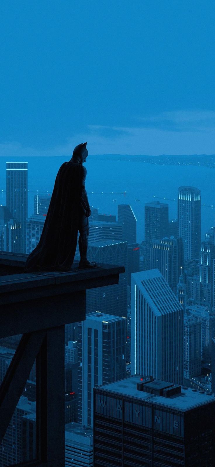 a batman standing on top of a building looking out over the city at night time