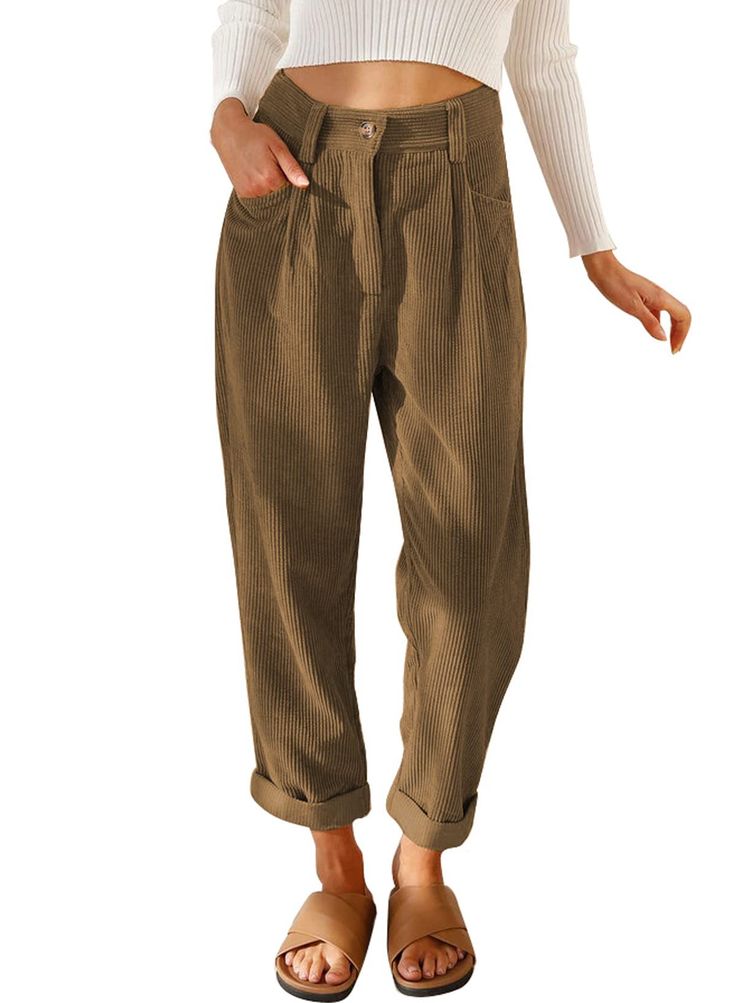 PRICES MAY VARY. Comfy Material: Super comfy, soft and breathable. Features: Super soft and comfortable corduroy Pants. Stylish high waisted Pants you can dress up or down easily. Zipper closure makes it easy to put on and take off. Easy to wear and suitable for most people's body type. They look great rolled down or up at the ankle. Convenient Side Pockets: Side pockets are deep and good enough to hold your hands, phone, wallet, keys,etc. Occasions & Match: You can dress up or dress down with t High Waisted Straight Leg Pants, Corduroy Pants Women, Retro Pants, Sweatpants Style, Plain Outfits, Vintage Trousers, Pants Loose, Pants With Pockets, Straight Trousers