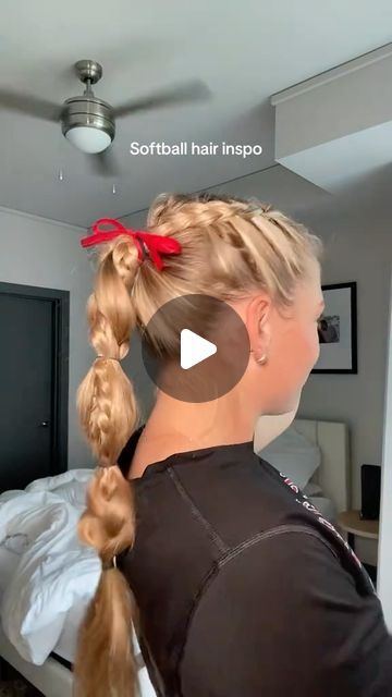 Payden Bordeau on Instagram: "Today’s gameday hair! 
-
-
What’s your go to gameday hairstyle??! 
-
-
#softballhair #softball #reels #gamedayhair #explore #hairinspo #sportyhairstyle" Long Hairstyles Sports, Hairstyles For Pep Rallys, Cute Hairstyles Softball, Softball Hair With Bow, Softball Easy Hairstyles, Cute Easy Basketball Hairstyles, Gameday Hairstyles Basketball, Game Day Hairstyle, Easy Softball Hairstyles Simple