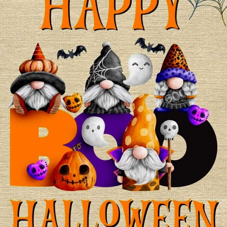 a happy halloween card with three gnomes and two pumpkins on the letter b