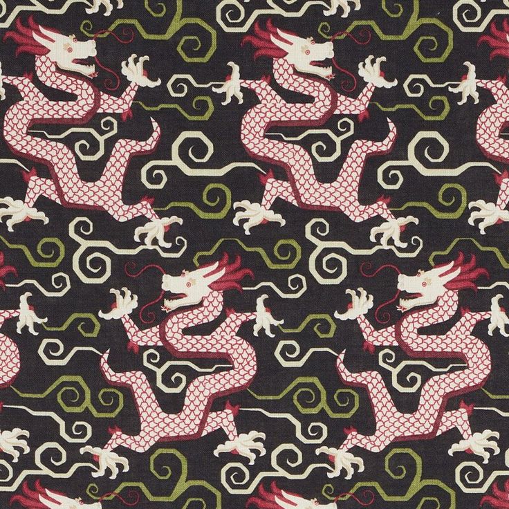 a black background with red, green and white dragon designs on the bottom half of it