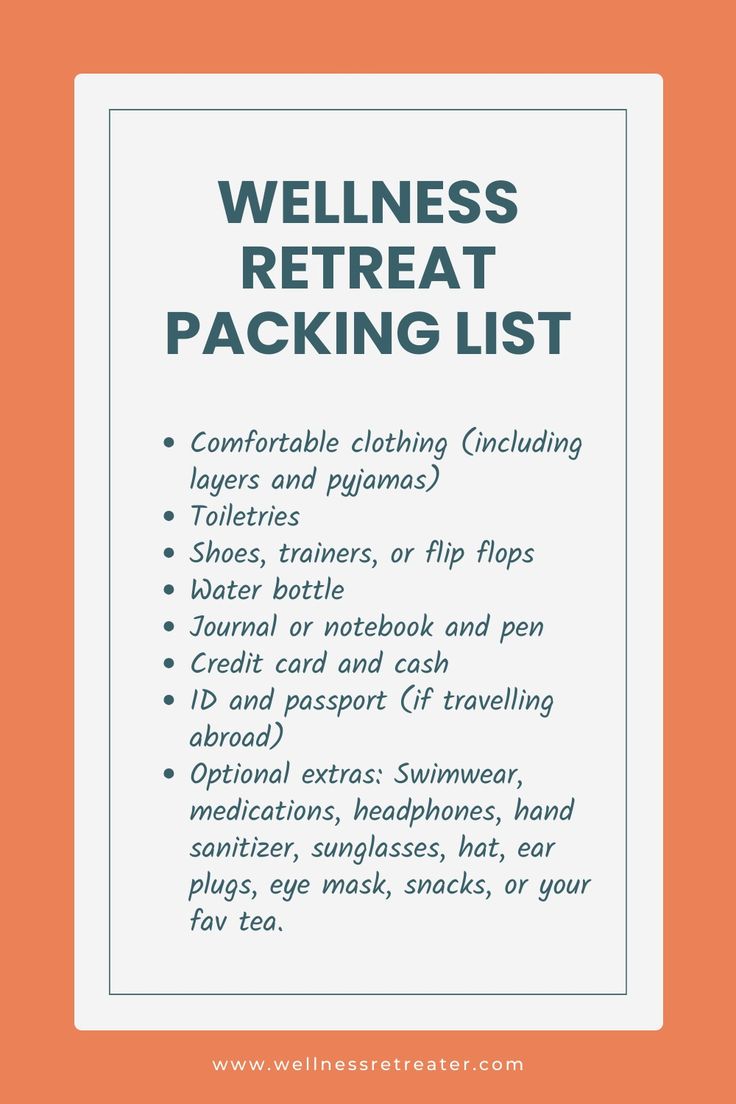 a white and orange poster with the words,'wellness rereat packing list '