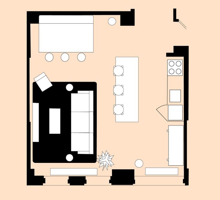 a drawing of a living room and kitchen in one floor plan, with furniture on the other