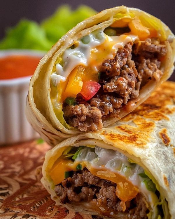 two burritos are stacked on top of each other