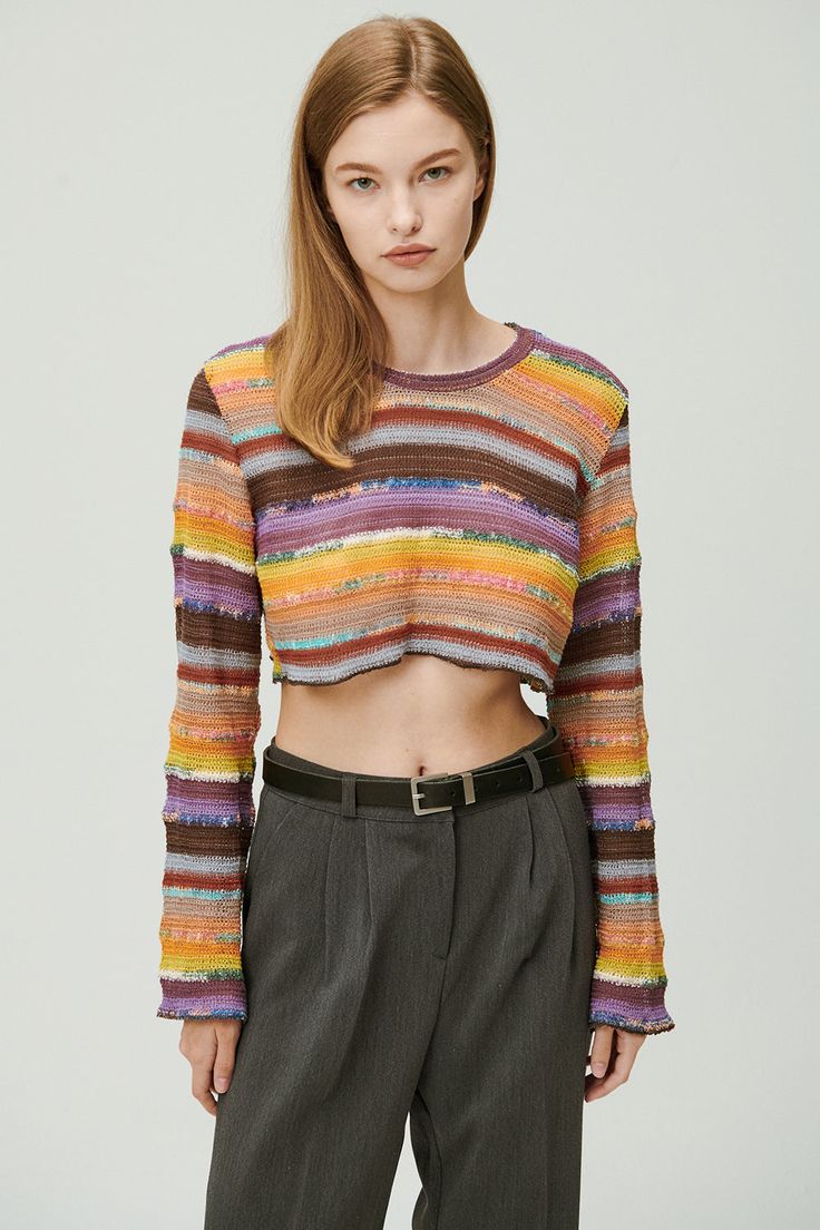 Janet Multi Color Knit Top | Women's Tops | storets Multicolor Summer Sweater For Layering, Multicolor Layering Sweater For Summer, Fine Knit Striped Tops For Spring, Fitted Crew Neck Cropped Sweater For Summer, Multicolor Cotton Knit Top For Fall, Casual Cropped Fine Knit Top, Casual Multicolor Crop Top For Fall, Casual Fine Knit Cropped Top, Multicolor Knitted Tops For Spring