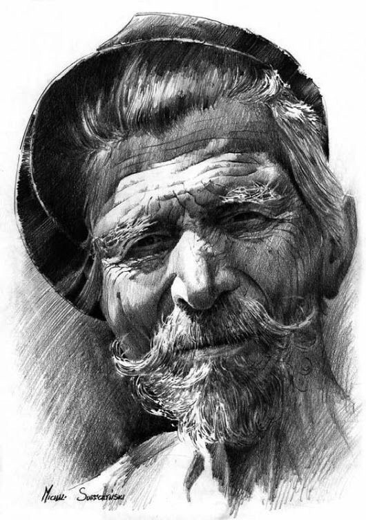 a black and white drawing of an old man