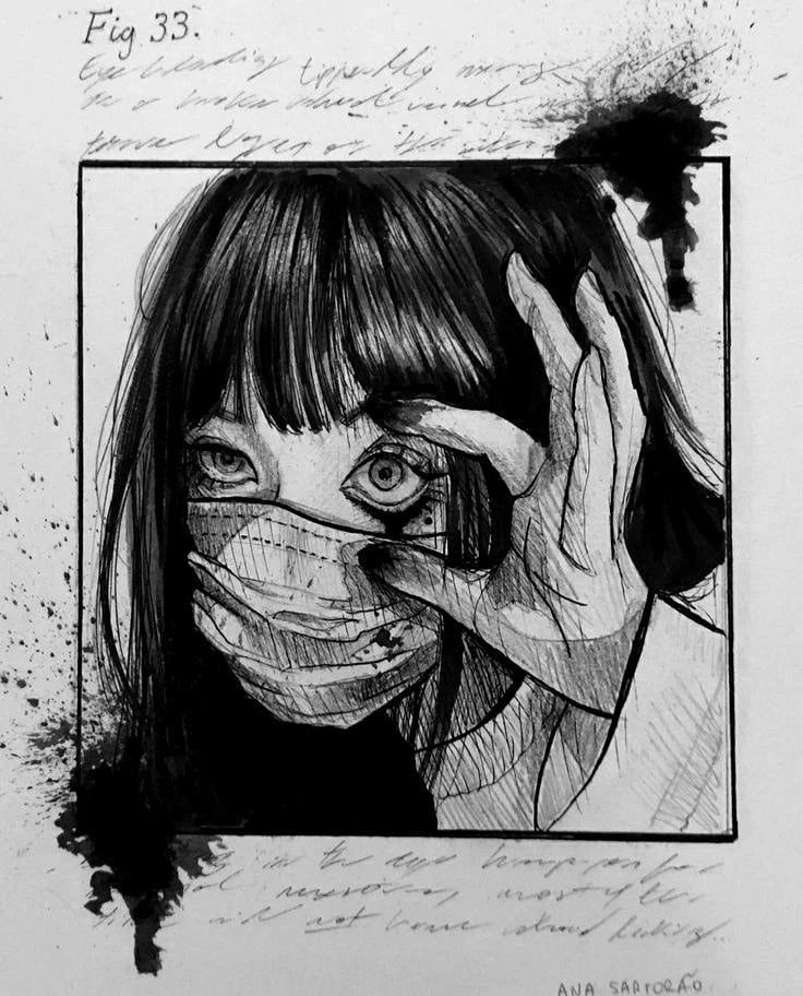 a black and white drawing of a woman covering her face with a mask over her eyes