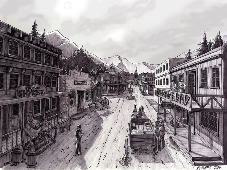 a drawing of an old town with mountains in the background and people walking down the street