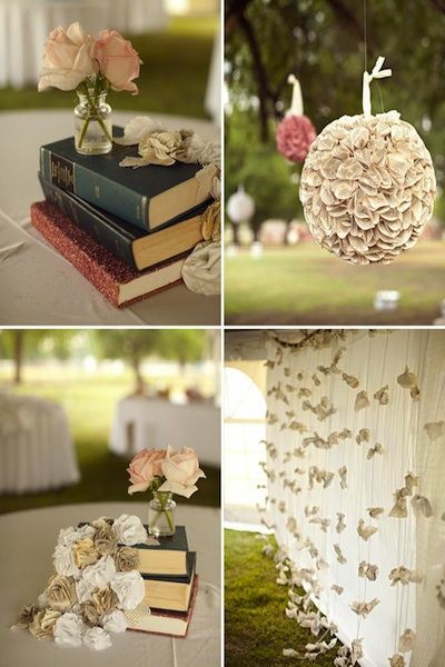 wedding decorations made out of books and flowers are shown in four different pictures, including one with