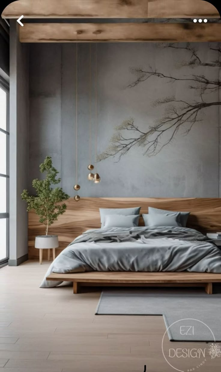 a large bed sitting next to a window in a room with wooden floors and walls