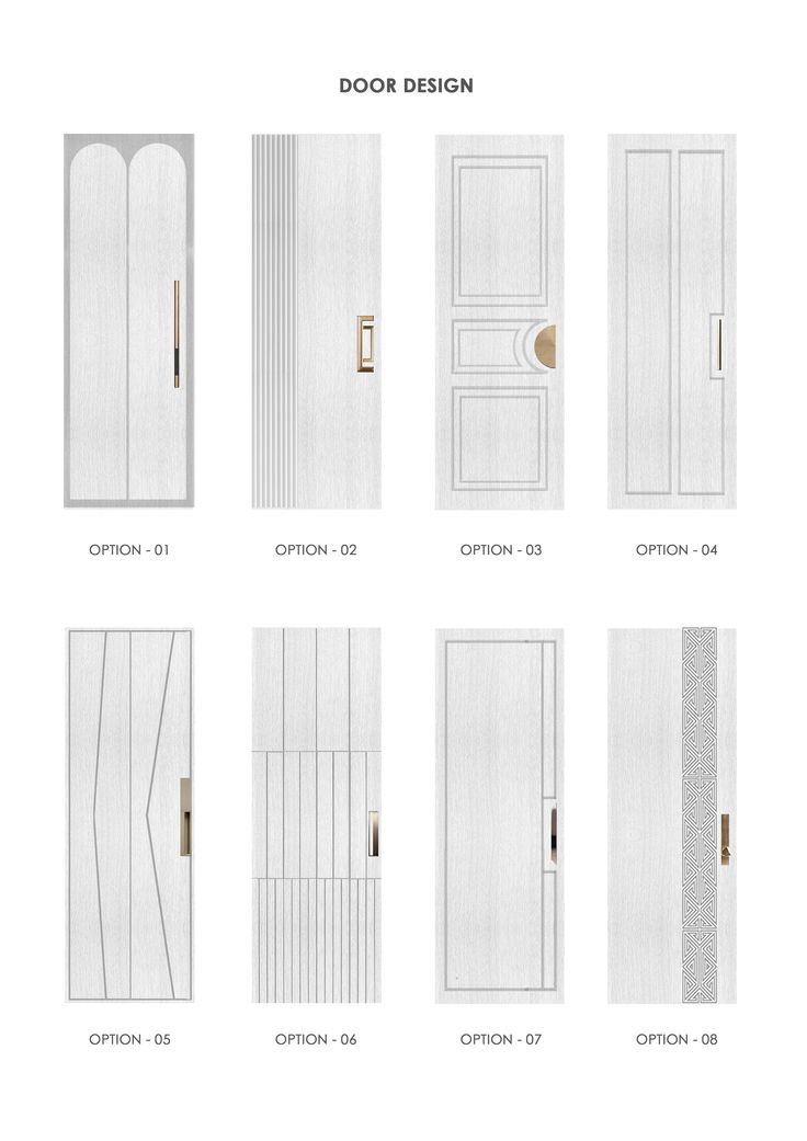 various types of doors and windows with different designs on each door, all in white