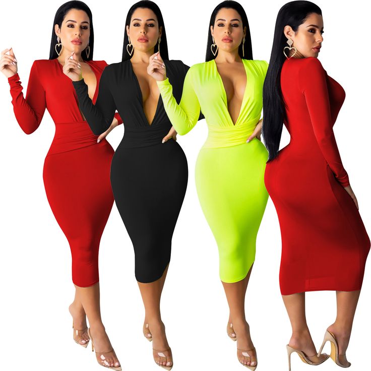 Deep V-neck Bodycon Pencil Slim Evening Party Dress Fitted V-neck Midi Dress For Club, V-neck Bodycon Mini Dress For Dinner, Knee-length V-neck Bodycon Dress For Party, Party Bodycon Knee-length V-neck Dress, V-neck Midi Dress For Club, Long Sleeve Bodycon V-neck Party Dress, Stretch V-neck Midi Dress For Party, Stretch Midi-length V-neck Dress For Party, Stretch Midi Length V-neck Dress For Party