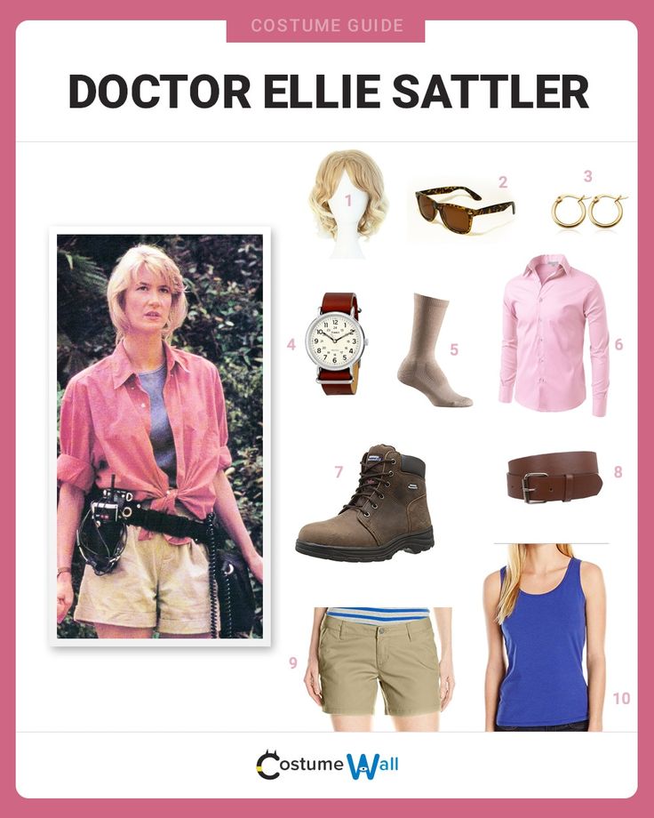 the costume guide for doctor ellie satteller is shown in pink and tan, with brown