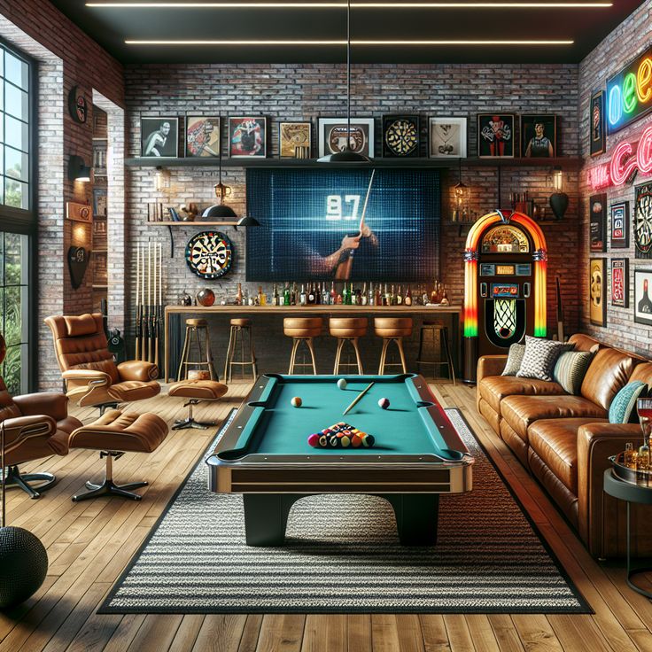 Plush couches, recliners, and a flat-screen TV create a cozy ambiance in this spacious man cave. A pool table, jukebox, dartboard, and vintage pinball machine make it a true entertainment hub. #ManCave #HomeDecor #EntertainmentRoom #InteriorDesign #SportsMemorabilia #HomeBar Man Cave Ideas Room, Bar Pool Table, Games Room Inspiration, Sports Pub, Plush Couch, Men Cave, Basement Bar Designs, Recreational Room, Bar Interior Design